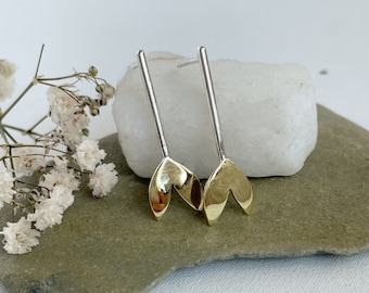 Handmade one of a kind sterling silver recycled brass  floral leaf stud earrings rustic design made in Ireland