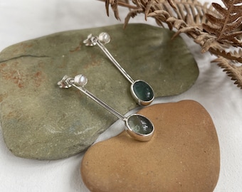 Handmade sterling silver fresh water pearl and apatite stud earrings
