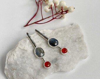 handmade Sterling silver kyanite and carnelian stud earrings
