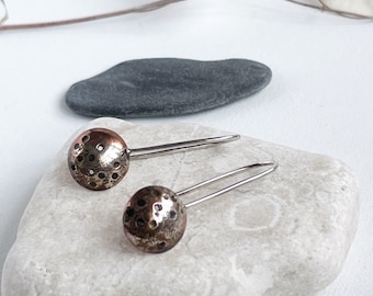 Handmade original design rustic style recycled copper and silver dangle earrings