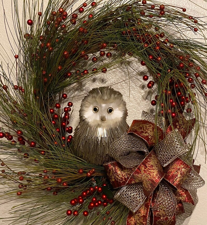 Christmas Owl Wreath Owl Wreath for Front Door Silver and Etsy
