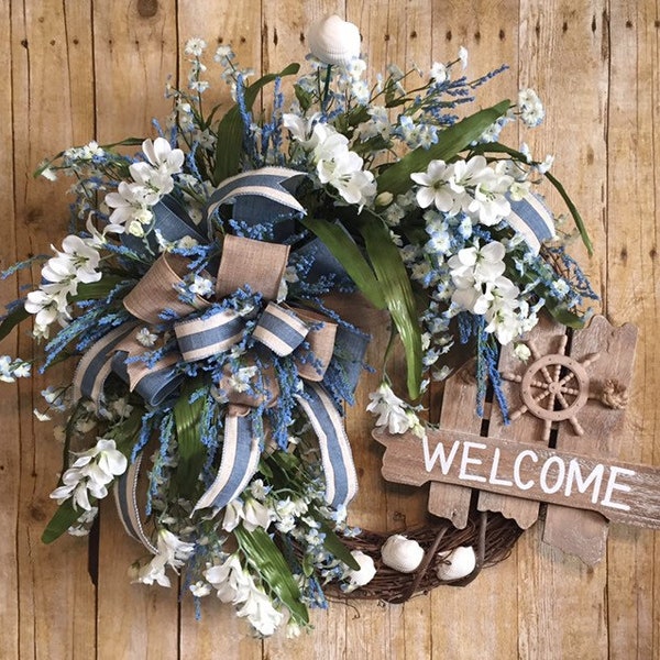 Beach Wreaths for Front Door, Beach House Wreath, Summer Wreath with Shells, Nautical Wreaths for Front Door, Wreaths