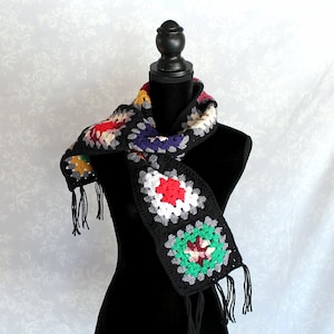 Bright Granny Square Scarf, Acrylic Scarf, Womens Winter Scarf, Short Chunky Scarf, Crocheted Scarf, Handmade Accessories