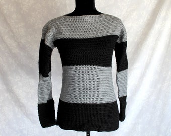 Black and Gray Striped Sweater, Crocheted Sweater, Striped Jumper, Handmade Jumper, Merino, Mohair & Acrylic Blend, Teen/Adult Size Small