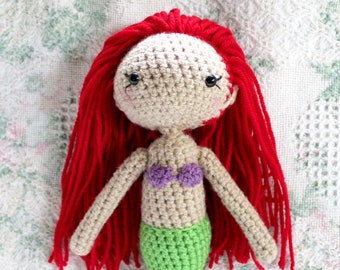 Pluszowa syrenka Ariel wykonana na szydełku, rude włosy, ręcznie robiona lalka