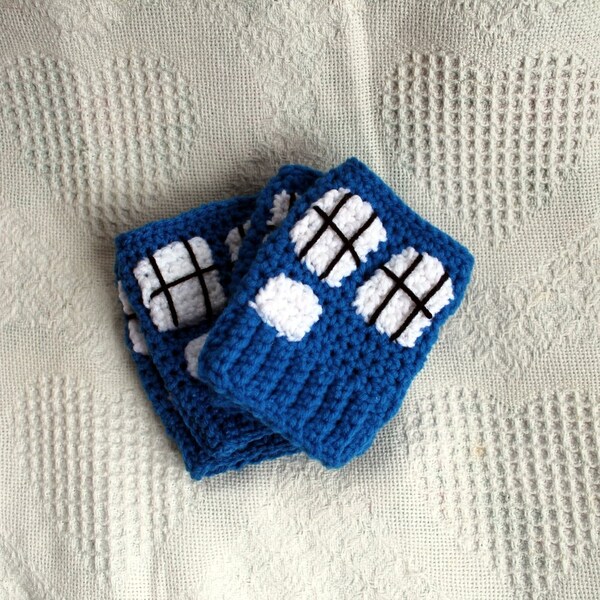 RESERVED Tardis Fingerless Gloves, Lightweight Acrylic Gloves, Doctor Who Fingerless Mittens, Crocheted Gloves, Handmade Accessories