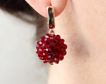 Bordeaux Crystal Ball Drop Earrings, Shiny Burgundy Bicone Earrings, Small Crystal Glass Dangle Round Dark Red Bon Bon English Lock Earrings