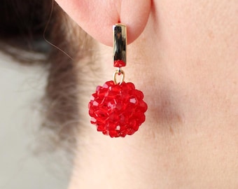 Red Crystal Ball Drop Earrings, Shiny Bright Ruby Bicone Earrings, Beaded Small Crystal Glass Dangle Round Red Bon Bon English Lock Earrings