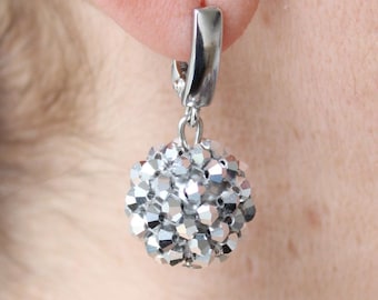 Silver Crystal Ball Drop Earrings, Shiny Bridal Bicone Earrings, Small Silver Colored Sparkle Crystal Glass Dangle Beaded Bon Bon Earrings