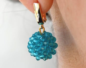 Blue Crystal Ball Drop Earrings, Shiny Light Blue Bicone Earrings, Small Crystal Glass Dangle Round Bon Bon English Lock Earrings