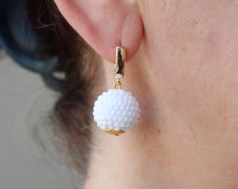 White Ball Earrings, Beaded Mini Bright One Ball Drop Earrings, Seed Bead Boho Elegant Small Sphere Minimalist Round Jewelry