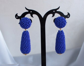 Royal Blue Teardrop Earrings Clips, Studs, Tear Drop Cobalt Blue Beaded Earrings, Long Seed Bead Dangly Earrings, Ball Drop Earrings