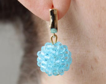 Sky Blue Crystal Ball Drop Earrings, Shiny Light Blue Bicone Earrings, Small Aquamarine Sparkle Crystal Glass Dangle Beaded Bon Bon Earrings