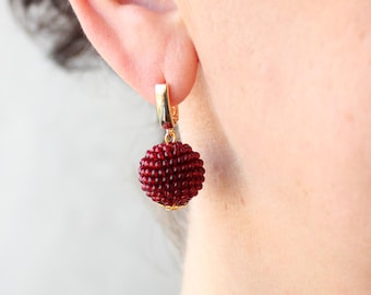 Bordeaux Ball Earrings, Beaded Mini One Ball Drop Burgundy Earrings, Seed Bead Boho Elegant Small Sphere Minimalist Round Wine Jewelry