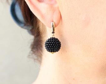 Black Ball Earrings, Beaded Mini One Ball Drop Earrings, Seed Bead Boho Elegant Small Sphere Round Jewelry