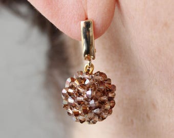 Beige Crystal Ball Drop Earrings, Shiny Champagne Bicone Earrings, Small Ivory Sparkle Crystal Glass Dangle Beaded Bon Bon Earrings