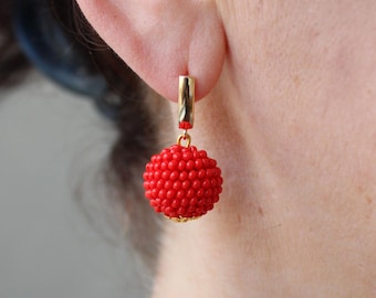 Red Ball Earrings, Beaded Mini Bright One Ball Drop Earrings, Seed Bead Boho Elegant Small Sphere Minimalist Round Jewelry