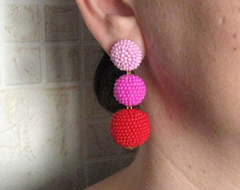 Red Bon Bon Earrings, Beaded Balls Red Shades Earrings, Red Ombre Balls Drop Beaded Earrings, Ombre Pink Round Earrings, Pink Bon Bon