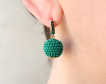 Green One Ball Earrings, Beaded Mini Ball Drop Earrings, Seed Bead Boho Elegant Small Sphere Round Jewelry