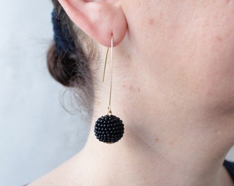 Black Ball Earrings, Black Bon Bon Beaded Earrings, Long Seed Bead Simple Drop One Ball Earrings, Small Black Round Globe Earrings