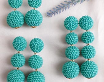 Turquoise Bon Bon Earrings Clips/Studs, Beaded Balls Turquoise Earrings, Turquoise Balls Drop Earrings, Beaded Earrings