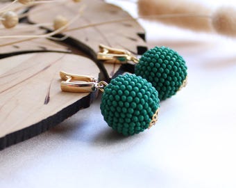 Green One Ball Earrings, Beaded Mini Ball Drop Earrings, Seed Bead Boho Elegant Small Sphere Round Jewelry