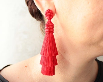 Tiered Silk Red Tassel Earrings Studs/Clips, Tier Silk Tassel, Beaded Red Silk Tassel Earrings, Extra Long Silk Red Tassel Earrings