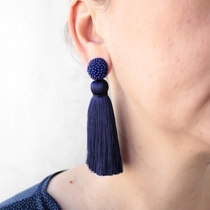 Thick Silk Blue Tassel Earrings On Studs, Silk Dark Blue Beaded Thick Tassel Earrings, Massive Dark Blue Silk Tassel, Blue Stud Earrings