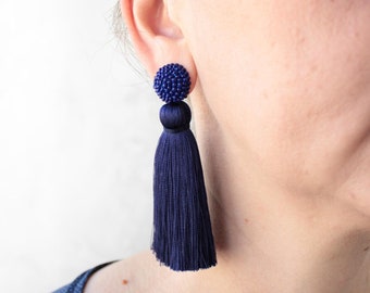 Thick Silk Blue Tassel Earrings On Studs, Silk Dark Blue Beaded Thick Tassel Earrings, Massive Dark Blue Silk Tassel, Blue Stud Earrings