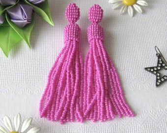 Beaded Pink Tassel Earrings Studs/Clips, Pink Beaded Earrings, Pink Beaded Tassel, Tassel Pink, Tassel Earrings Pink