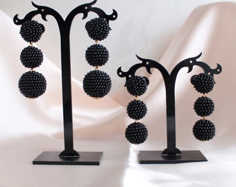 Small Black Bon Bon Earrings Studs Clips, Beaded Balls Black Mini Earrings, Seed Bead 2 Balls Earrings, Balls Drop Earrings, Beaded Earrings