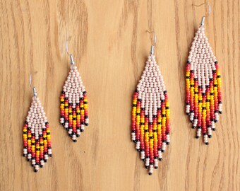 Small Beige Red Yellow Black Beaded Fringe Earrings, Southern Native American Style Chandelier Geometric Medium Dangle Hook Beaded Earrings
