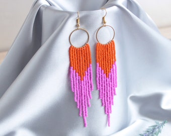Long Pink Orange Fuchsia Hoop Fringe Earrings, Native American Style Geometric Ombre Statement Dangle Beaded Earrings, Bright Hot Colors
