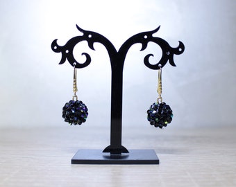 Black Crystal Ball Drop Earrings, Shiny Black Bicone AB Earrings, Small Dark Obsidian Earrings, Crystal Glass Dangle Bon Bon Beaded Earrings