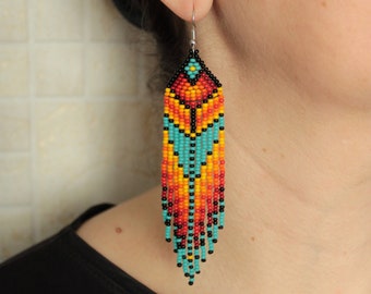 Long Turquoise Red Yellow Black Beaded Fringe Earrings, Southern Native American Style Chandelier Geometric Dangle Beaded Earrings