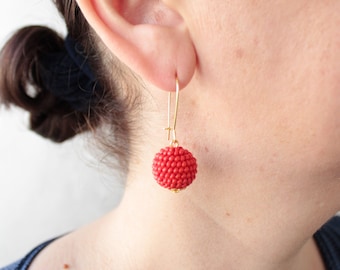 Red Ball Earrings, Beaded Red Bon Bon Earrings, Long Seed Bead Simple Drop One Ball Earrings, Small Red Round Globe Earring, Beaded Earrings