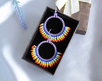 Rainbow Fringe Hoop Earrings, Beaded Boho Bright Small Hoops Geometric Ombre Dangle Statement Earrings, Hot Summer Colors