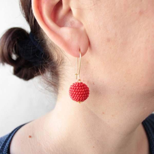 Red Ball Earrings, Beaded Red Bon Bon Earrings, Long Seed Bead Simple Drop One Ball Earrings, Small Red Round Globe Earring, Beaded Earrings