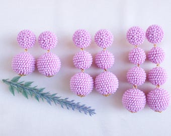 Pink Bon Bon Earrings Studs/Clips, Beaded Balls Pink Earrings, Seed Bead Pink Balls Earrings, Pink Balls Drop Earrings, Pink Beaded Earrings