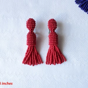 Short Beaded Red Tassel Earrings Studs, Clips, Dark Red Earrings, Red Beaded Tassel Earrings, Dark Red Tassel, Mini Tassel Red