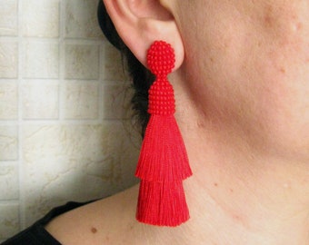 Tiered Silk Beaded Red Tassel Earrings Clips/Studs, Double Silk Tassel, Silk Red Tassel Earrings, Red Silk Tassel