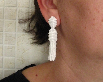Beaded White Tassel Earrings On Studs/Clips, White Beaded Tassel Earrings, White Tassel, White Earrings, Tassel White