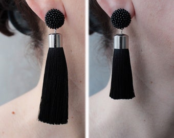 Thick Silk Black Tassel Earrings On Clips or Studs, Silk Black Beaded Thick Tassel Earrings, Massive Black Silk Tassel, Long Black Earrings