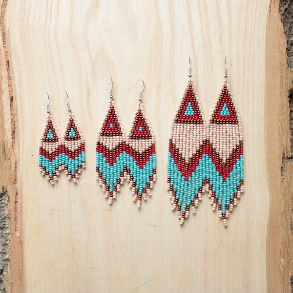 Long Turquoise Beige Red Beaded Fringe Earrings, Small Native American Style Chandelier Geometric Ombre Dangle Statement Beaded Earrings