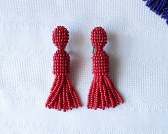 Short Beaded Red Tassel Earrings Studs, Clips, Dark Red Earrings, Red Beaded Tassel Earrings, Dark Red Tassel, Mini Tassel Red