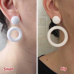 White Big Hoop Earrings on Studs, Clips, Small White Hoop Earrings, Beaded Mini White Hoops, Seed Bead Hoop White Earrings, Circle Earrings