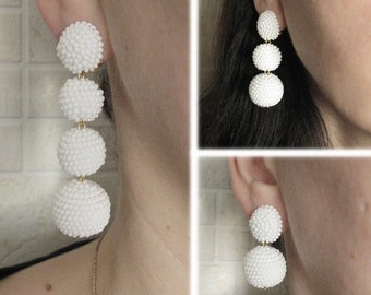 White Bon Bon Earrings Clips/Studs, Beaded Balls White Earrings, Seed Bead Balls Earrings, Balls Drop Earrings, Beaded Earrings