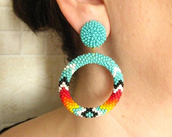 Native American Turquoise Hoop Earrings Studs, Clips, Beaded Big Hoops, Peyote Hoop Earrings, Seed Bead Colorful Red Yellow White Earrings