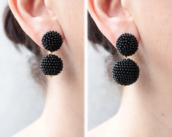 Small Black Bon Bon Earrings Clips, Studs, Beaded Balls Black Mini Earrings, Seed Bead Balls Earrings, Balls Drop Earrings, Beaded Earrings