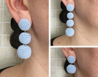 Light Blue Bon Bon Earrings, Beaded Balls Light Blue Earrings, Light Blue Balls Drop Earrings, Light Blue Round Earrings, Beaded Earrings